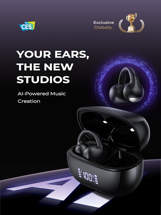 Open Ear Earbuds, Bluetooth 5.4 AI Music Generator Bone Conduction Clip On Headphones with 4 Mics Clear Calls, Ultra-Light 5.7g Comfort, 30H Hi-Fi Stereo Playtime, IPX6 Fit Sports, Black