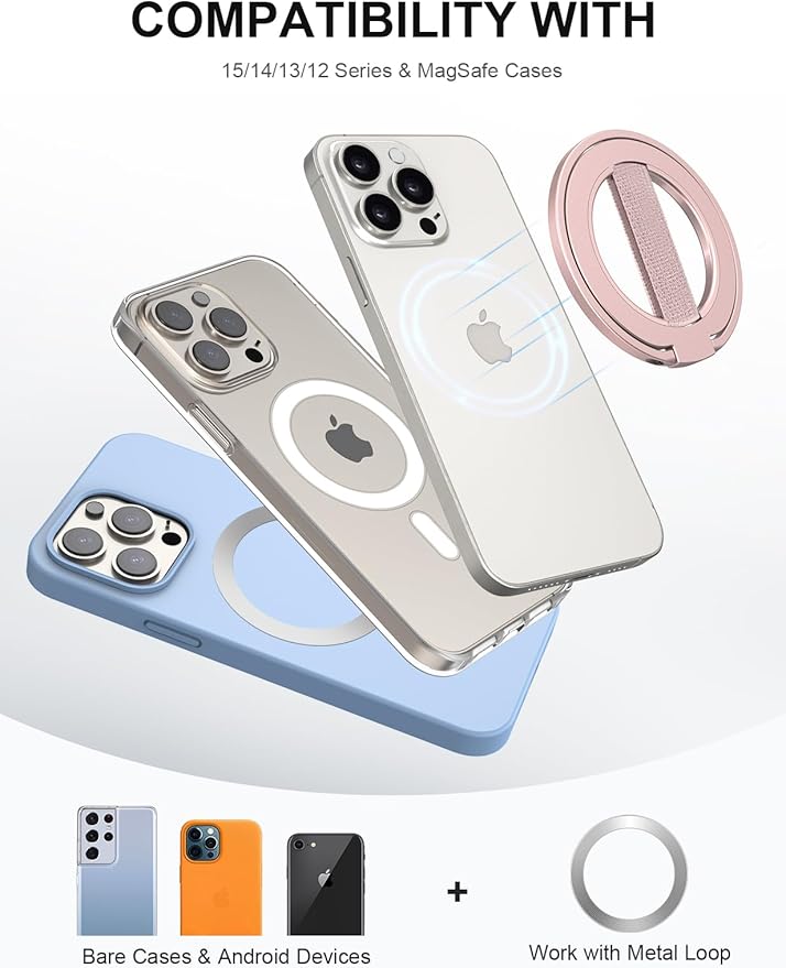 EWA MagOne Ultra for Magsafe Phone Grip Kickstand [Replaceable Elastic Finger Loop], Mag Safe Ring Holder Stand, Two-Sided Magnetic Phone Accessories for iPhone 17,16,15,14,13,12 Pro/Max/Plus-RoseGold