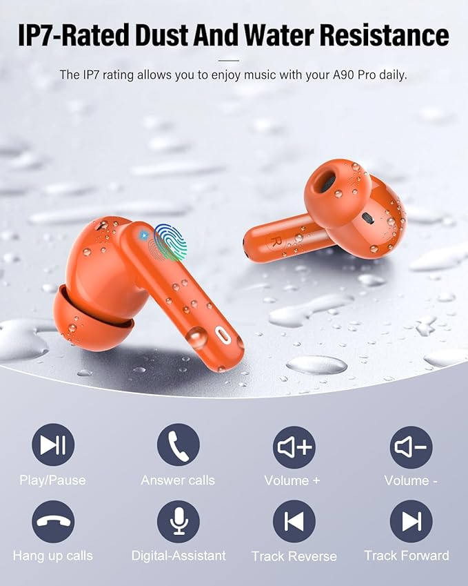 Wireless Earbuds, Bluetooth 5.4 Headphones Bass Stereo, Ear Buds with Noise Cancelling Mic, IP7 Waterproof in Ear Earphones, 36H LED Display Bluetooth Earbuds for Laptop Pad Phones Sports, Orange