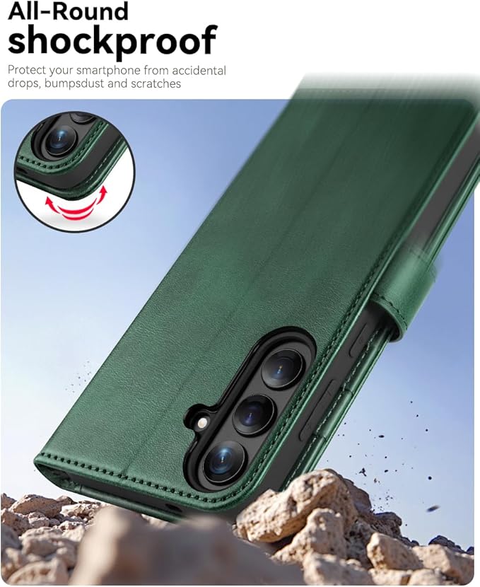 OCASE Compatible with Galaxy S25 Wallet Case, PU Leather Flip Folio Case with Card Holders RFID Blocking Kickstand [Shockproof TPU Inner Shell] Protective Phone Cover 6.2 Inch 2025, Blackish Green