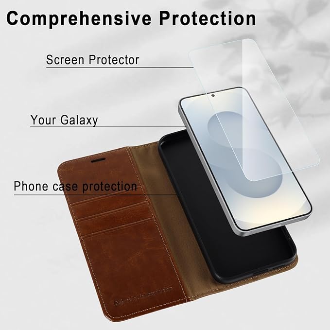 MONASAY Wallet Case Fit for Samsung Galaxy S25+ Plus 5G, [Lens & Glass Screen Protector Included] [RFID Blocking] Flip Folio Leather Cell Phone Cover with Credit Card Holder, 6.7 inch, Brown