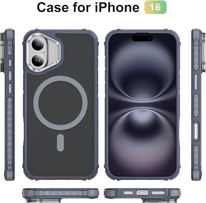 Magnetic for iPhone 16 Case Gray with MagSafe Wireless Charging Heavy Duty Military-Grade Shockproof Protection Adjustable Kickstand Slim Matte Anti-Fingerprint Cover Men Women