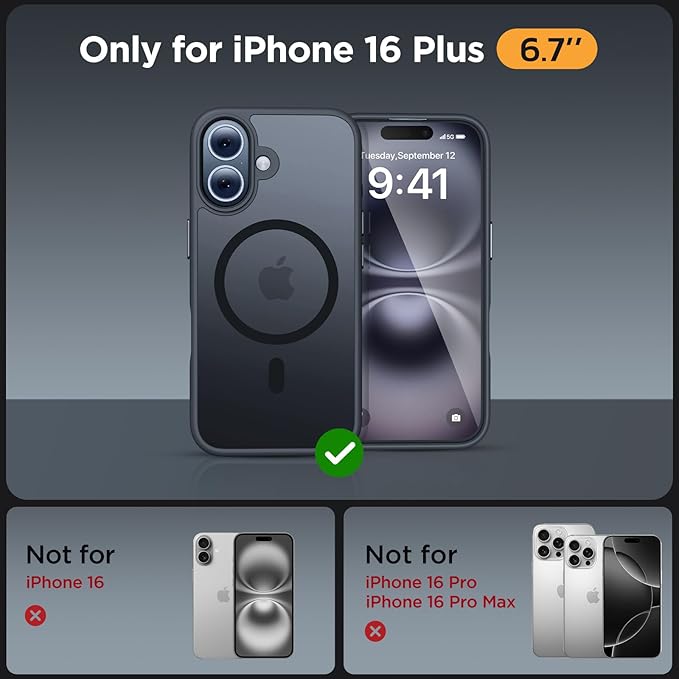 Miracase Magnetic for iPhone 16 Plus Case [with 2X Screen Protectors] [Compatible with MagSafe], Slim Thin Phone Case Military-Grade Protected for iPhone 16 Plus Cover Bumper 6.7 Inch, Black