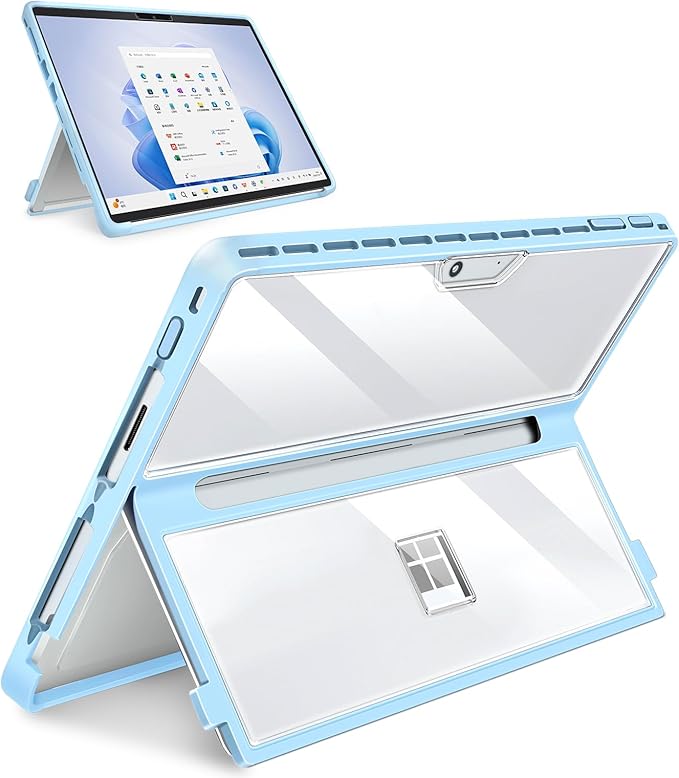 Case Updated Version fit Microsoft Surface Pro 11/10 /9/8 13-Inch, All-in-one Rugged Case Compatible with Type Cover Keyboards, Transparent&Light Blue