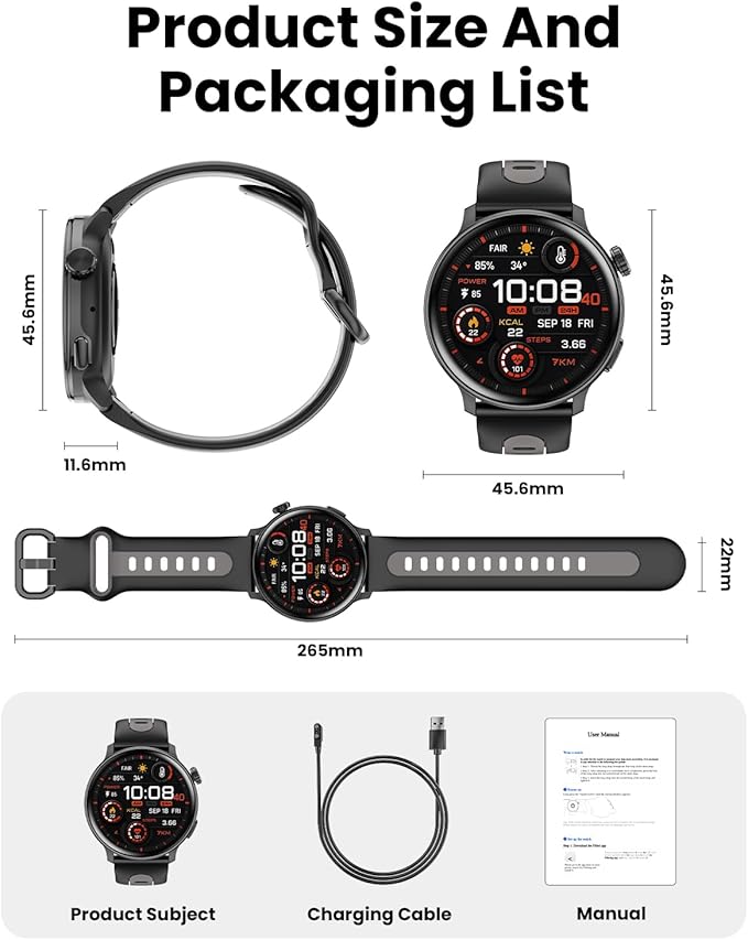 Smart Watch GPS, 1.43" AMOLED Screen Smart Watch for Men/Women Fitness Tracker, Military Smartwatches Compass，Compatible with Android & iOS (Bluetooth Call Answer/Dial), Multiple Sports Modes