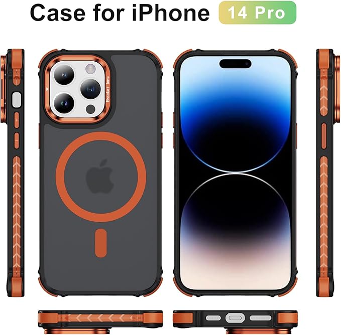 Magnetic for iPhone 14 Pro Case Orange with MagSafe Wireless Charging Heavy Duty Military-Grade Shockproof Protection Adjustable Kickstand Slim Matte Anti-Fingerprint Cover Men Women