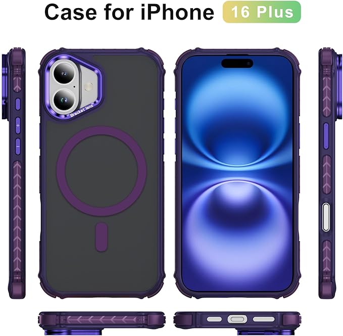 Magnetic for iPhone 16 Plus Case Purple with MagSafe Wireless Charging Heavy Duty Military-Grade Shockproof Protection Adjustable Kickstand Slim Matte Anti-Fingerprint Cover Men Women