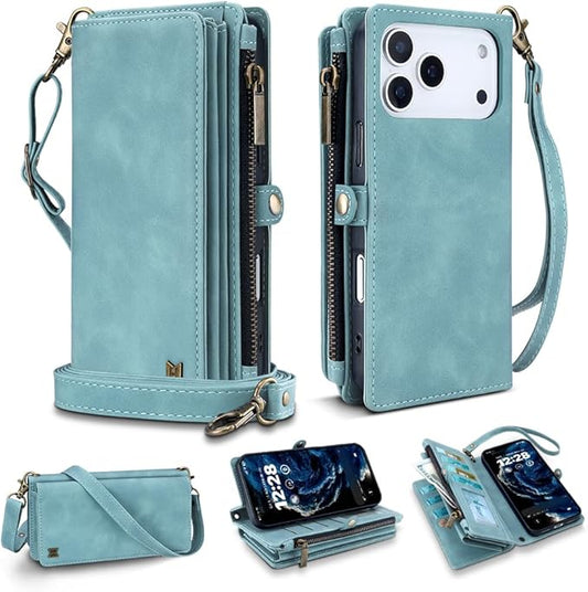 for iPhone 17 Pro Wallet Phone Case with 7 Card Holder,RFID Blocking | PU Leather | Kickstand | Flip | Wrist Strap&Shoulder Strap | Shockproof | Zipper Wallet | Women Men | 6.3" | Baby Blue