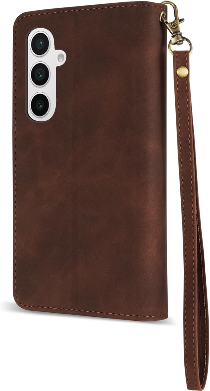 ZZXX for Samsung Galaxy S24 FE Wallet Case with RFID Blocking Card Slot PU Leather Zipper Flip Folio with Strap Kickstand Protective Cover for Samsung Galaxy S24 FE Case Wallet(Coffee-6.7 inch)