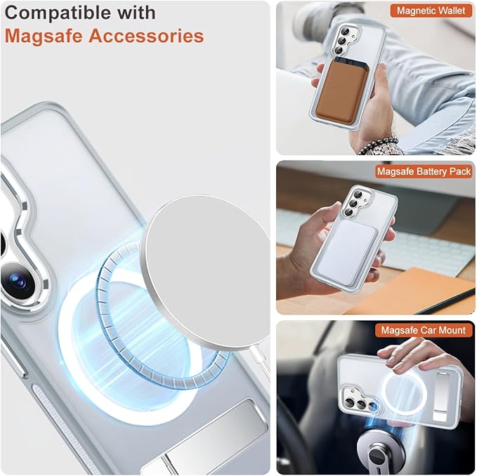 for Samsung Galaxy S24 Case, [Built-in Stand] Anti-Skid TPU Edge & Matte Translucent S24 Cover, Compatible with Magsafe, Slim Shockproof Magnetic Phone Case for S24 5G (Grey/White)