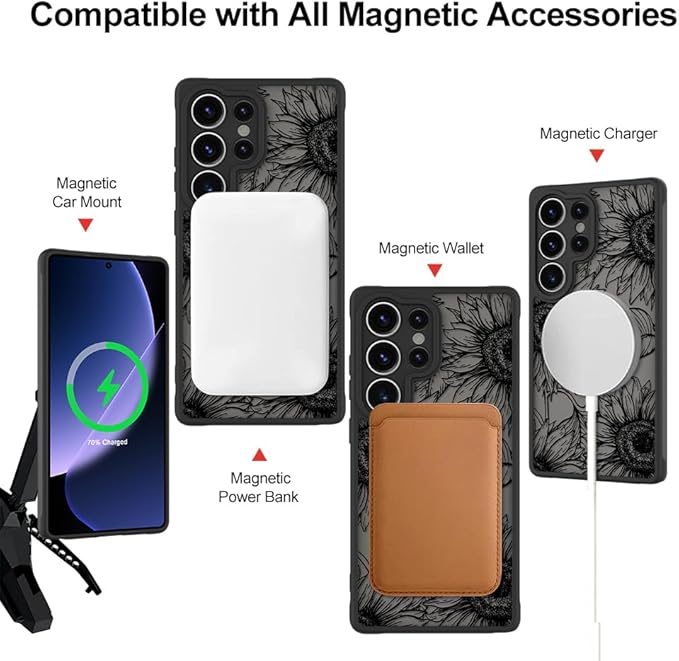 Fiyart Designed for Samsung Galaxy S25 Ultra Case Matte Flowers Design Compatible with MagSafe,Cute Sunflowers Anti-Scratch Translucent Phone Cover for Women Girls 6.8"-Black