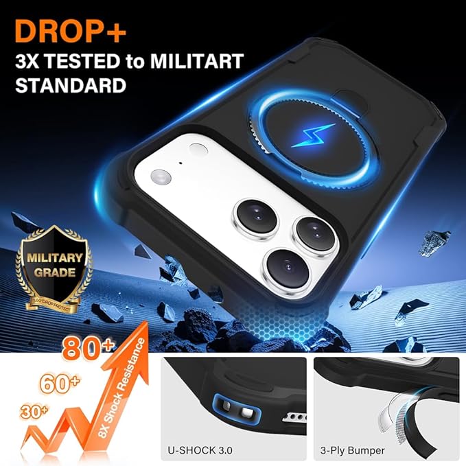 Designed for iPhone 17 Pro Max Case with Magnetic Stand [Military Drop Protection][Compatible with Magnet] Shockproof 17 Pro Max Phone Case with Ring Holder, Black
