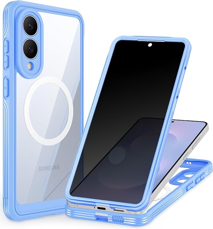 CENHUFO Magnetic for Samsung Galaxy S25 Edge Case, Full Body Phone Case with Built-in 9H Tempered Glass Privacy Screen Protector and Camera Lens Protector, Shockproof Clear Cover Bumper - Light Blue