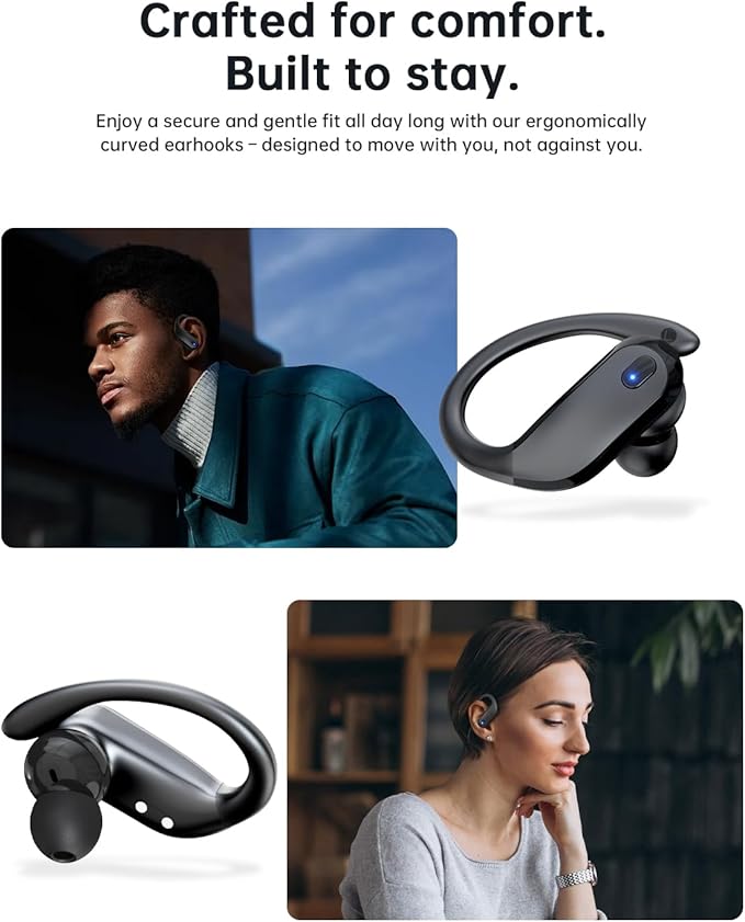 NDO Wireless Earbuds Bluetooth 5.3 Headphones Sport,IPX7 Waterproof Sports Earphones with Earhooks,48H Playtime,Lightweight 7.8g,Fast Charging Case,Noise Cancelling Mic for Running Gym Workout-Black