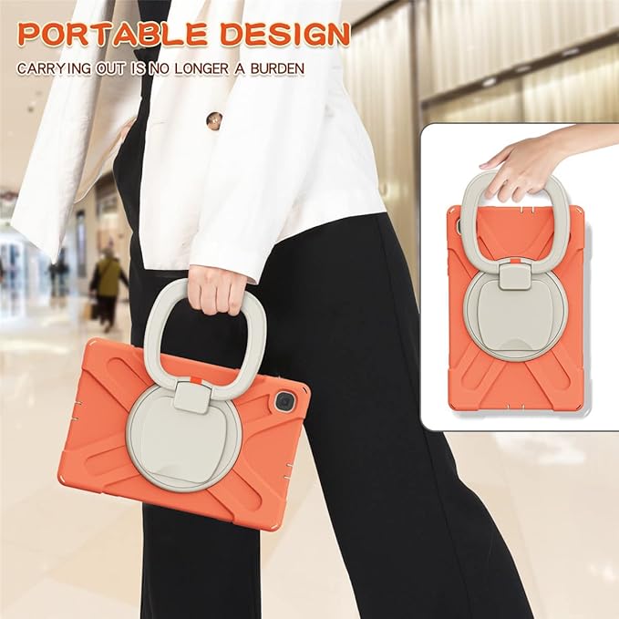 360 Rotation Case for Samsung Galaxy Tab S6 Lite 10.4" Sturdy Cover Rotate Ring Stand Shoulder Carrying Strap Hand Strap Rugged Children Adults Outdoor Case (Orange)