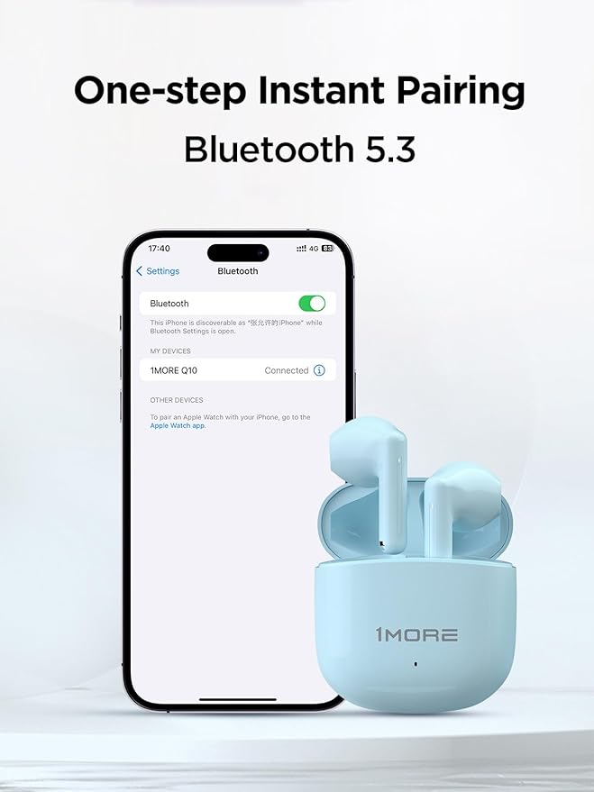 1MORE Q10 Wireless Ear Buds, Bluetooth 5.3 Half in-Ear Wireless Earbuds with Charging Case, Deep Bass Stereo Headphones, Dual Mics, 26H Playtime, one Step-Pairing, IPX4 Waterproof Earphones, Blue