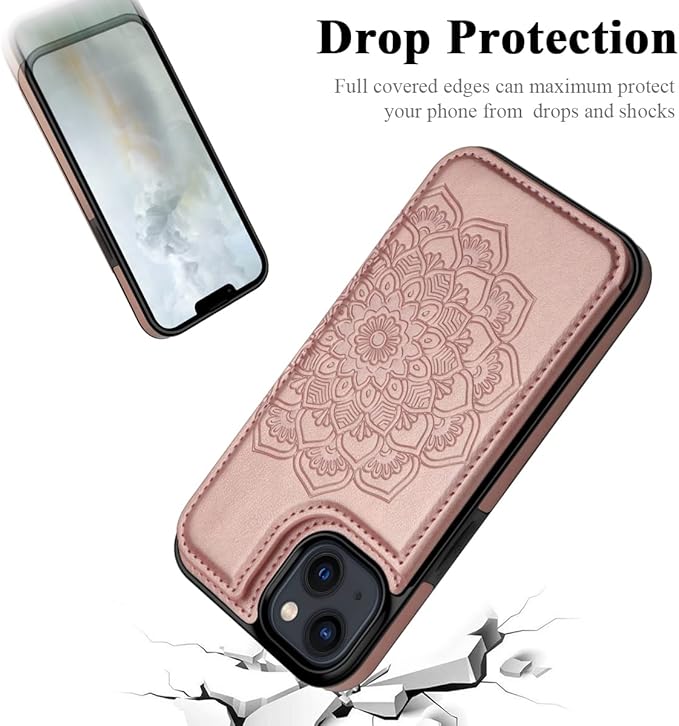 MMHUO for iPhone 14 Plus Case with Card Holder,Flower Magnetic Buttons Protective Wallet Case for Women for iPhone 14 Plus,Rose Gold