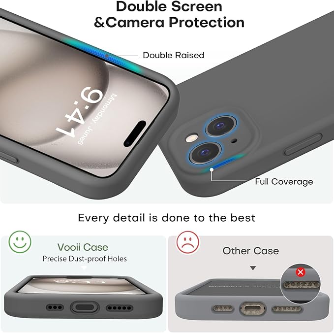 Vooii Compatible with iPhone 15 Case, Upgrade Defender Liquid Silicone, [Enhanced Camera Protection] [Soft Anti-Scratch Microfiber Lining] Shockproof Phone Case for iPhone 15 6.1 inch - Dark Grey