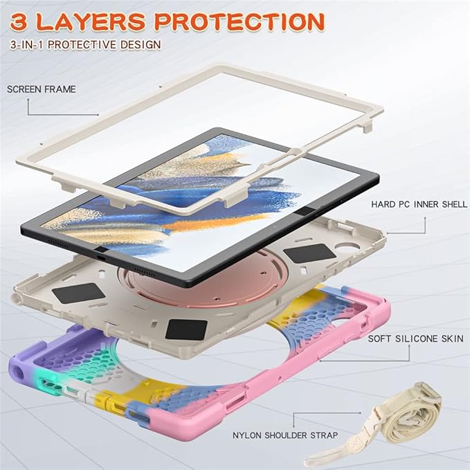 360 Rotation Galaxy Tab A8 10.5" Case Sturdy Cover Rotate Ring Stand Shoulder Carrying Strap Hand Strap Rugged Children Adults Outdoor Case, Colourful Pink
