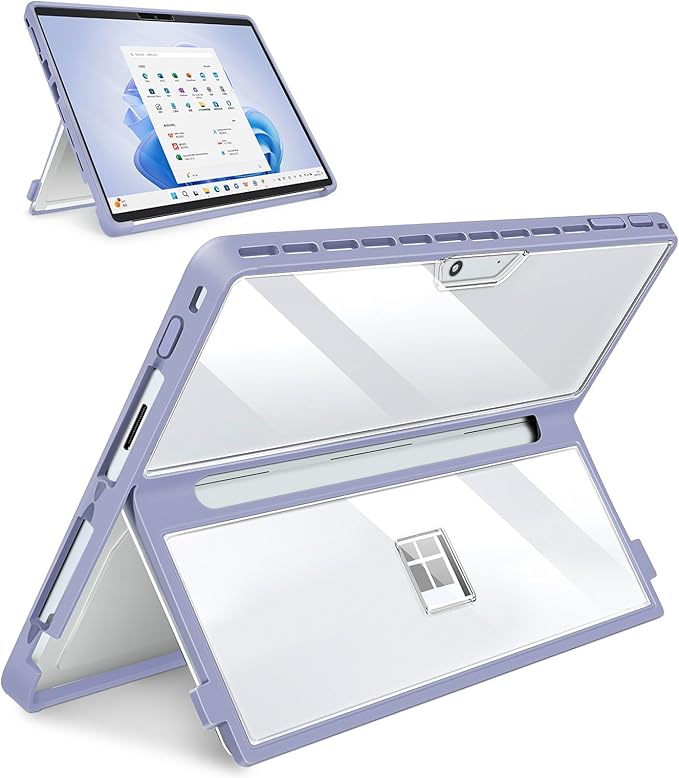 Case Updated Version fit Microsoft Surface Pro 11/10 /9/8 13-Inch, All-in-one Rugged Case Compatible with Type Cover Keyboards, Transparent&Purple