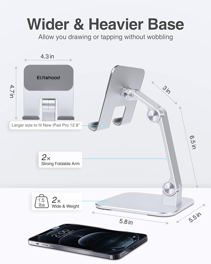 Elitehood Aluminum iPad Stand, Adjustable Holder for Desk, Desktop Tablet Dock for iPad Pro 12.9 11, Air Mini 4 5 and More 4-13.5 Inches Tablets, Silver