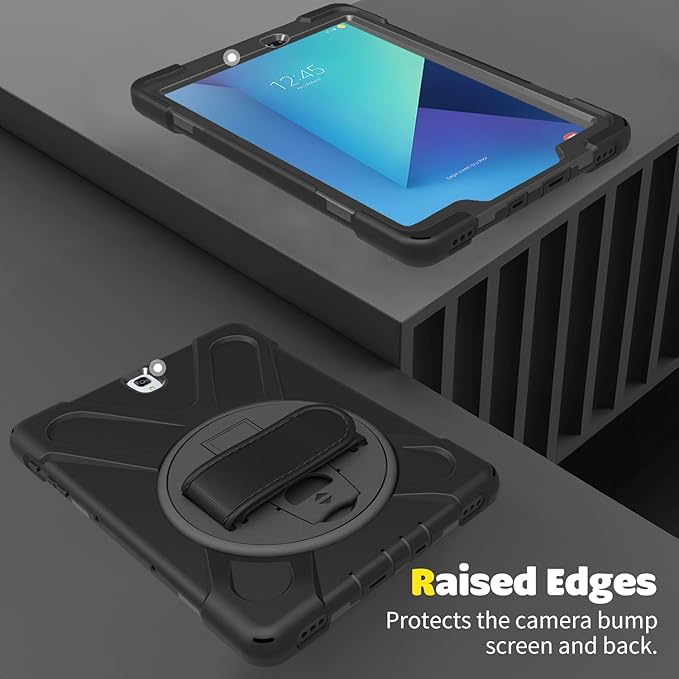 DreamerX for Samsung Galaxy Tab S3 9.7 Case T820/T825/T827, Heavy Duty Rugged Full Body Drop Protective Silicone Cover for Kids with Rotating Stand Handle Hand Strap Carrying Shoulder Strap, Black