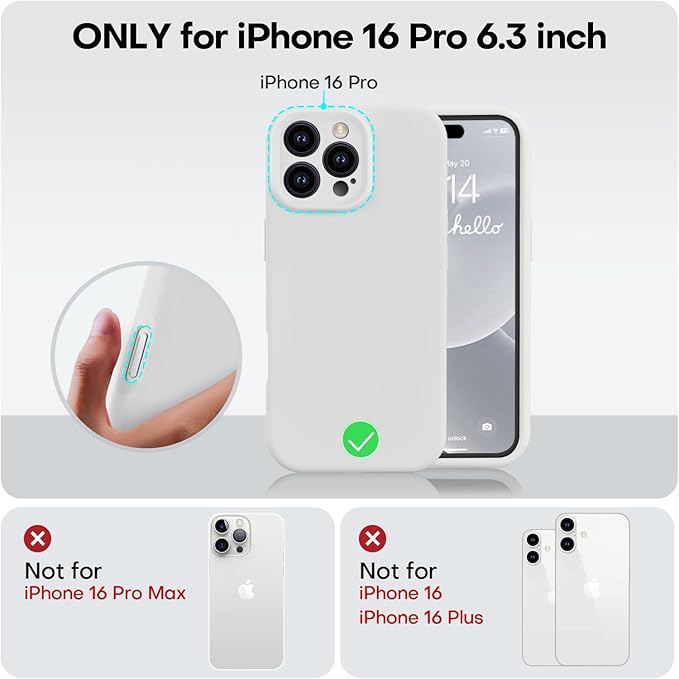 Vooii Compatible with iPhone 16 Pro Case, Liquid Silicone Upgrade [Camera Protection] [Soft Anti-Scratch Microfiber Lining] Shockproof Phone Case for iPhone 16 Pro 6.3 inch - White