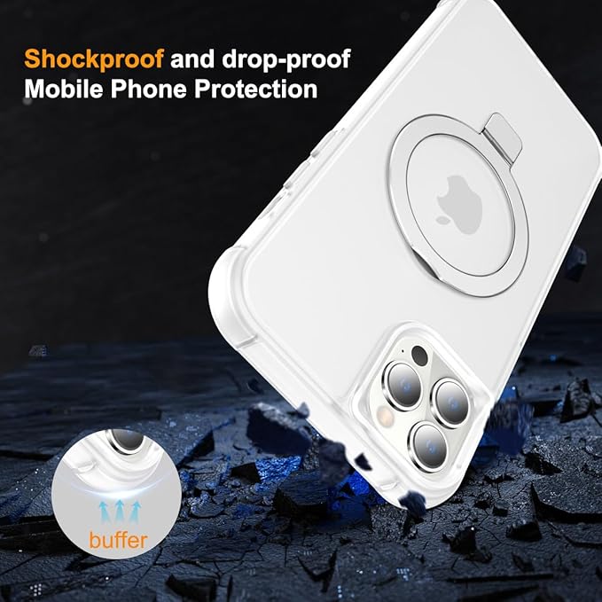Magnetic Compatible with iPhone 12 Pro Max Case with Stand [Military Grade Drop Tested][Compatible with Magnet] Ring Translucent Slim Hard Back Soft Edge, Frost White