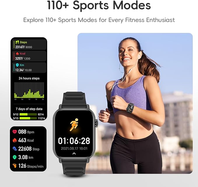 Smart Watch Sports Pedometer Fitness Tracker, Bluetooth Call Heart Rate/Blood Oxygen/Sleep Monitor, 100 Sports Modes Waterproof for iOS Android Men's Women's Smart Watch (Black)