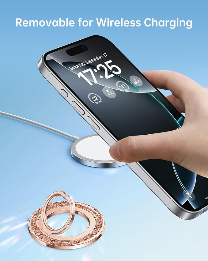 SYNCWIRE Magnetic Phone Ring Holder for MagSafe - Glitter Phone Grip Stand with 360° Rotation & Reinforced Hinge, Compatible with iPhone 16 15 14 13 Pro Max Plus MagSafe Accessories - Rose Gold