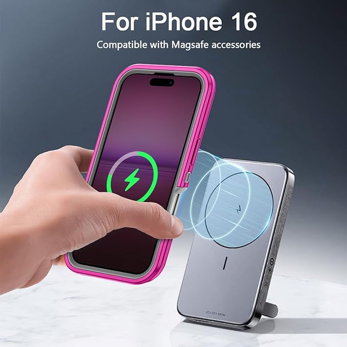 for iPhone 16 Case [Compatible with MagSafe] Shockproof 3-Layer Full Body Protection [Without Screen Protector] Rugged Heavy Duty Cover Case for Apple iPhone 16 6.1",Rose Red/Grey