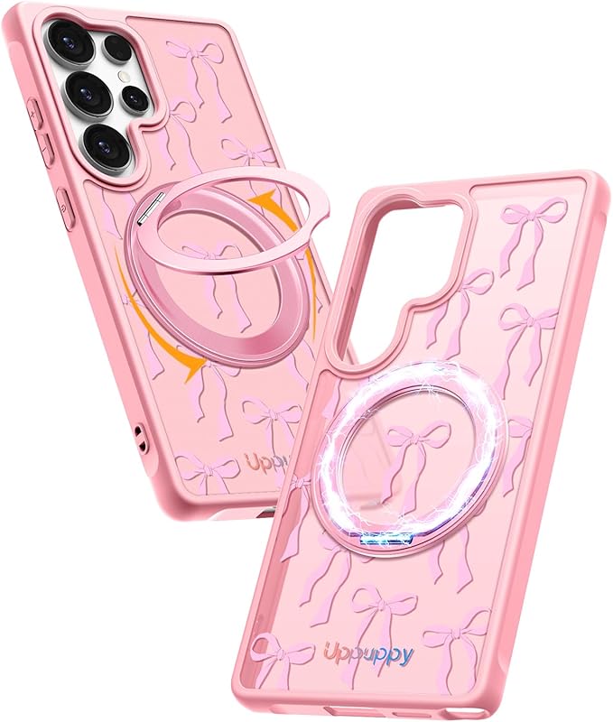 for Samsung Galaxy S25 Ultra Case with 360° Rotatable Magnetic Ring - Compatible with MagSafe, Semi-Transparent Soft-Touch Material Shockproof, Cute Pink Ribbon Bow Design for Women Girl