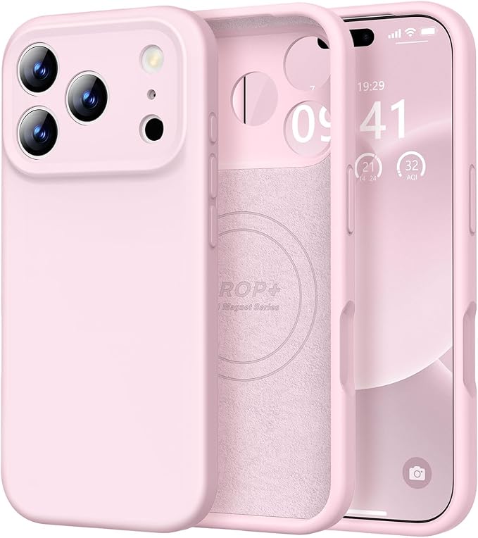 Vooii Magnetic Compatible with iPhone 17 Pro Max Case (Compatible with Magsafe) (Upgraded Camera Protection) Liquid Silicone Shockproof Full Body Protective Phone Cover for Women Men, Chalk Pink, 6.9”