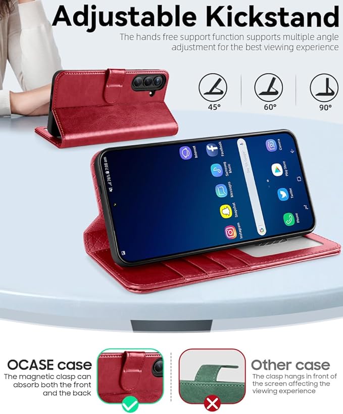 OCASE Compatible with Galaxy S25 Plus Wallet Case, PU Leather Flip Folio Case with Card Holders RFID Blocking Kickstand [Shockproof TPU Inner Shell] Protective Phone Cover 6.7 Inch 2025, Red