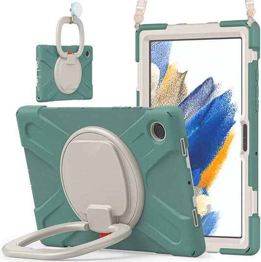 360 Rotation Case for Samsung Galaxy Tab A8 10.5" Sturdy Cover Rotate Ring Stand Shoulder Carrying Strap Hand Strap Rugged Children Adults Outdoor Case, DarkGreen
