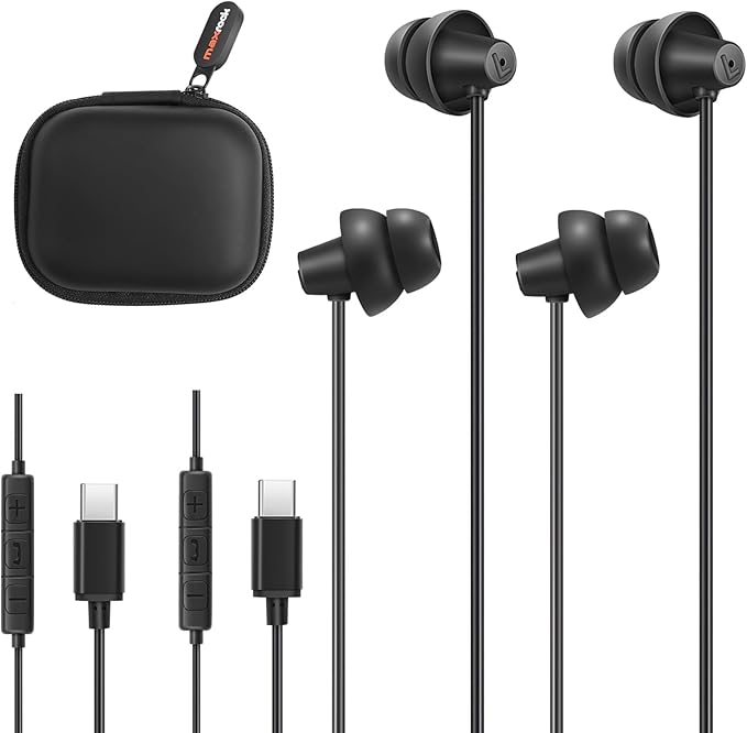 MAXROCK 2PCS Sleep Wired Headphones with USB-C Plug, Wired Ear Buds or Sleeping Earphones with Built-in Remote to Control Music, Phone Calls, and Volume for iphone15, Samsung Android Phones