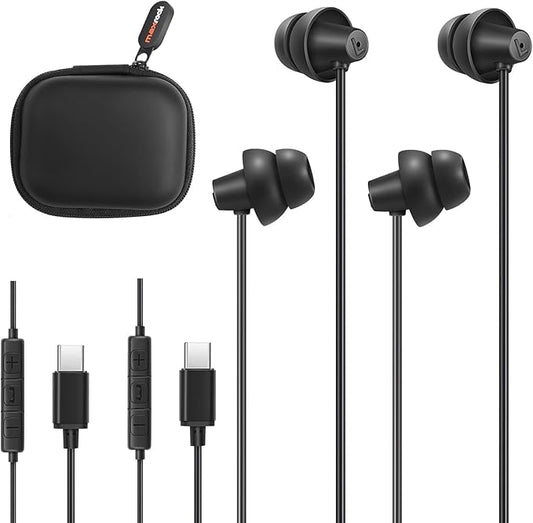 MAXROCK 2PCS Sleep Wired Headphones with USB-C Plug, Wired Ear Buds or Sleeping Earphones with Built-in Remote to Control Music, Phone Calls, and Volume for iphone15, Samsung Android Phones
