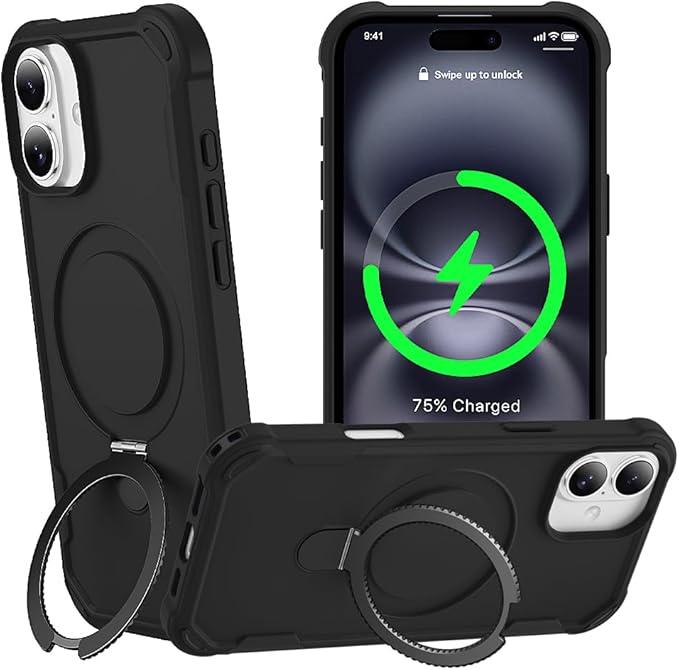 Designed for iPhone 16 Case with Magnetic Stand [Military Drop Protection][Compatible with Magnet] Shockproof 16 Phone Case with Ring Holder, Black