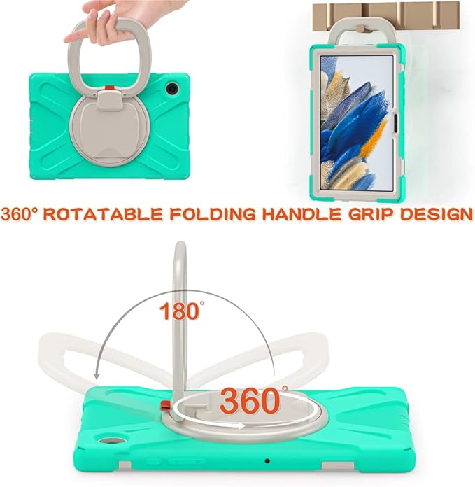 Galaxy Tab A8 10.5" Case 360 Rotation Sturdy Cover Rotate Ring Stand Shoulder Carrying Strap Hand Strap Rugged Children Adults Outdoor Case, MintGreen