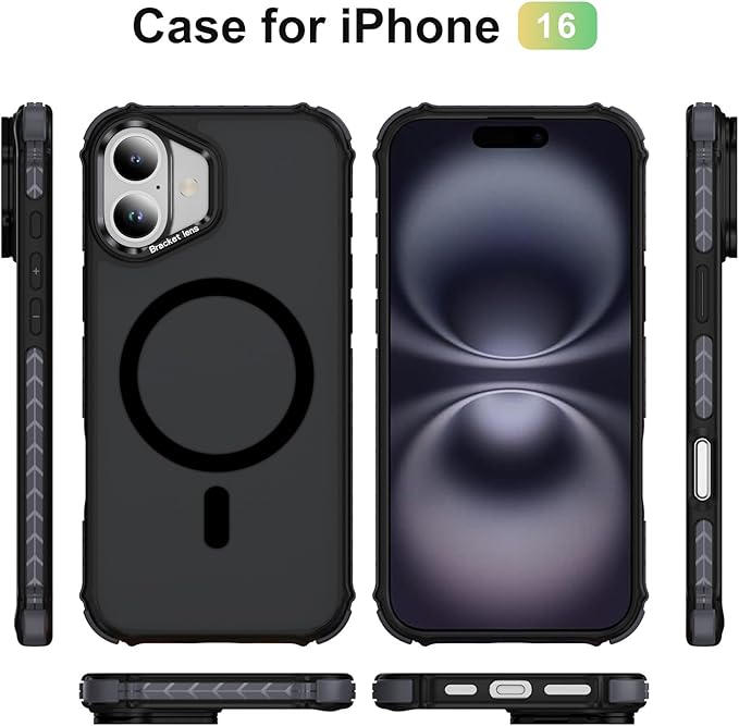 Magnetic for iPhone 16 Case Black with MagSafe Wireless Charging Heavy Duty Military-Grade Shockproof Protection Adjustable Kickstand Slim Matte Anti-Fingerprint Cover Men Women