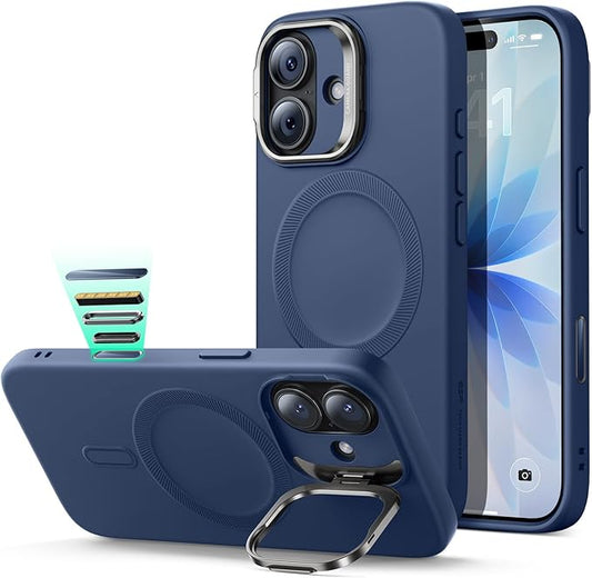 ESR Silicone Case for iPhone 17, Built-in Camera Stash Stand Compatible with MagSafe, Military-Grade Drop Protection Magnetic Phone Case for iPhone 17, Cloud Series, Navy Blue