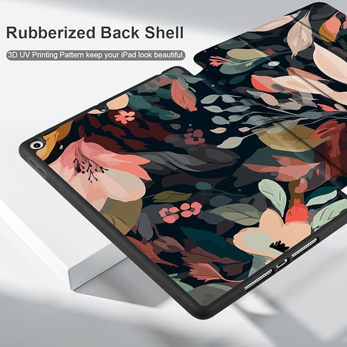 DONGKE Case Compatible with iPad 10.2 Inch 2021 2020 2019 iPad 9th/8th/7th Generation with Pencil Holder, Slim Stand Protective Case with Soft TPU Back, Auto Sleep/Wake Cover, Painted Florals