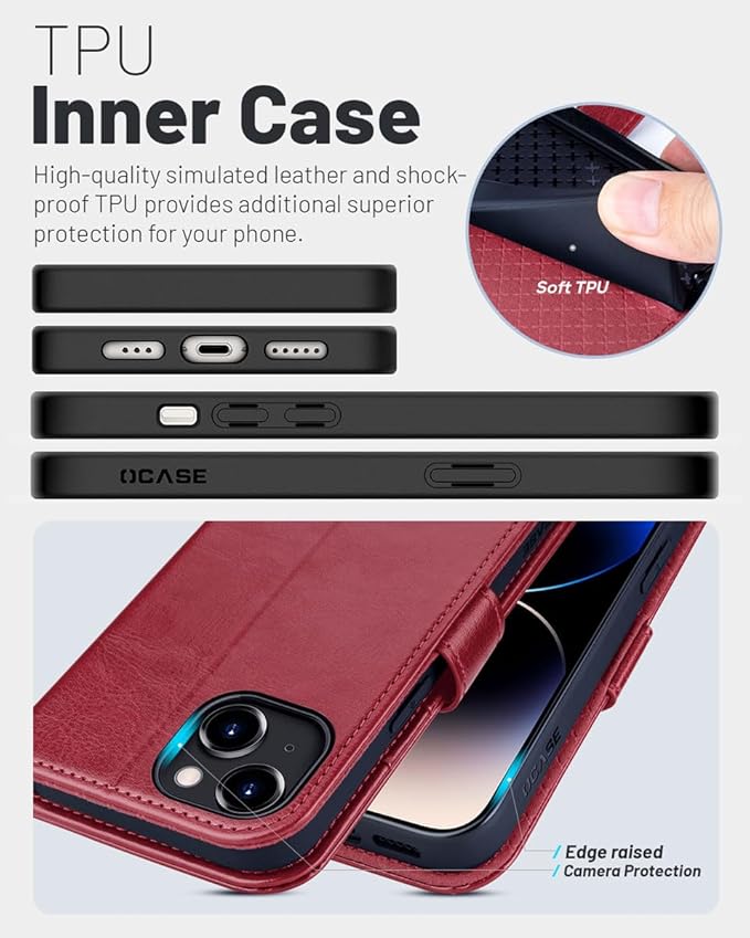 OCASE Compatible with iPhone 15 Wallet Case, PU Leather Flip Folio Case with Card Holders RFID Blocking Kickstand [Shockproof TPU Inner Shell] Phone Cover 6.1 Inch 2023, Red