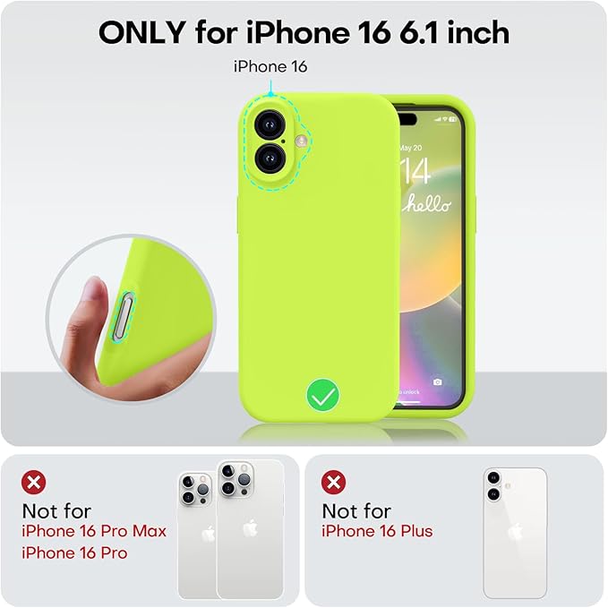 Vooii Compatible with iPhone 16 Case, Liquid Silicone Upgrade [Camera Protection] [Soft Anti-Scratch Microfiber Lining] Shockproof Phone Case for iPhone 16 6.1 inch - Fluorescent Green