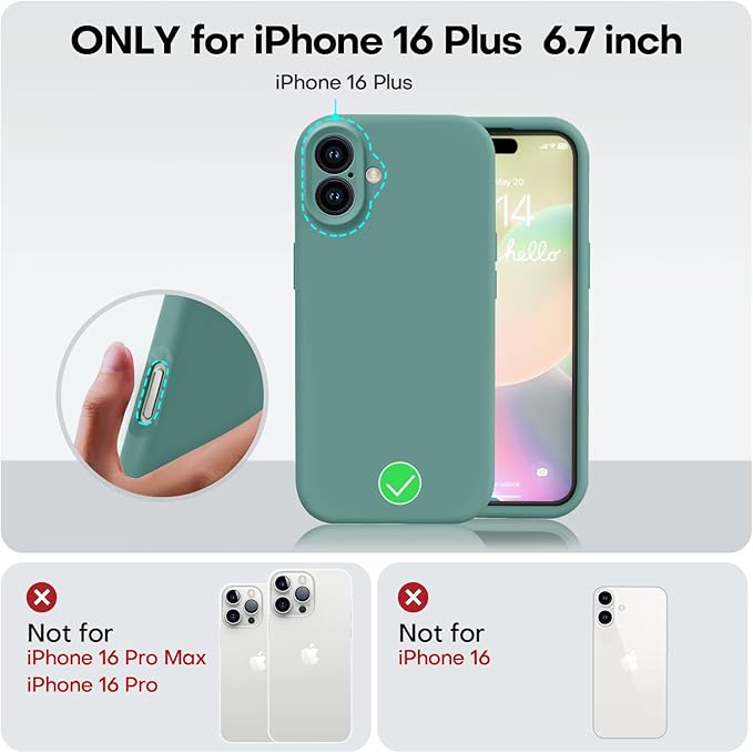 Vooii Compatible with iPhone 16 Plus Case, Liquid Silicone Upgrade [Camera Protection] [Soft Anti-Scratch Microfiber Lining] Shockproof Phone Case for iPhone 16 Plus 6.7 inch - Pine Green