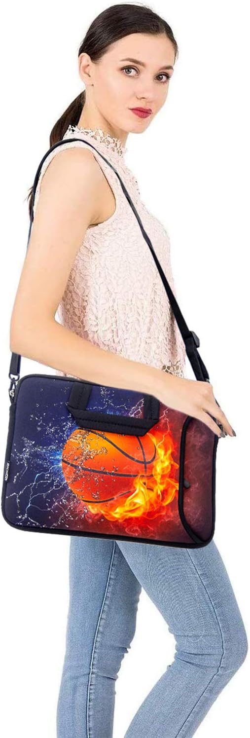 RICHEN 14 15 15.4 15.6 inch Laptop Shoulder Bag Notebook Handle Sleeve Neoprene Soft Carrying Travel Case with Accessories Pocket (14-15.6 inch, Basketball Fire)