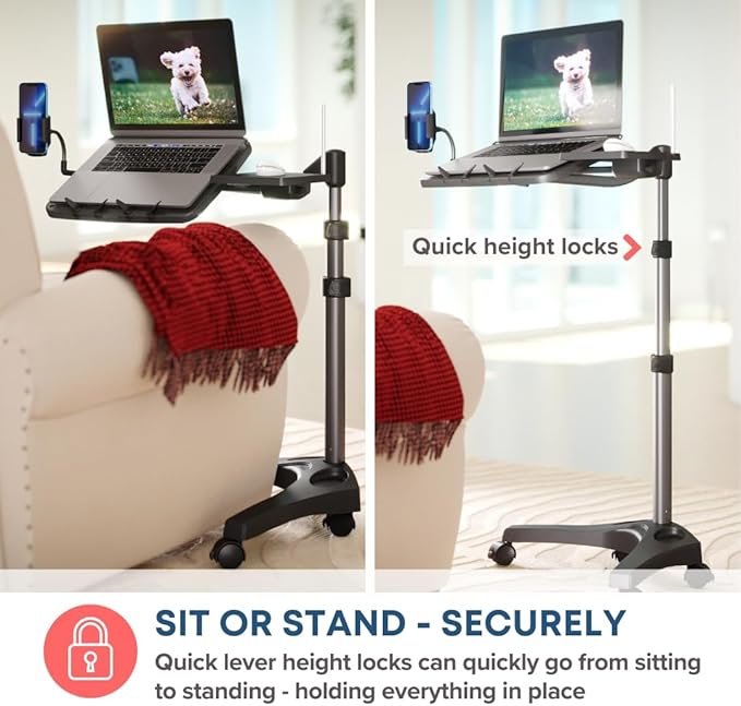 LEVO G2 V16 Mobile Laptop Stand Desk Rolling Cart with Phone Holder and Mouse Tray