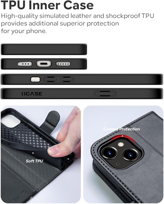 OCASE Compatible with iPhone 15 Wallet Case, PU Leather Flip Folio Case with Card Holders RFID Blocking Kickstand [Shockproof TPU Inner Shell] Phone Cover 6.1 Inch 2023, Spliced Gray