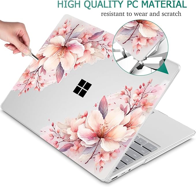 Tuiklol Case for 12.4 Inch Microsoft Surface Laptop Go 3/2 / 1 2023-2020 Releases, Plastic Hard Shell Case with Screen Protector and Keyborad Cover +Dust Plugs Model 2013/1943,Pink Big Flower