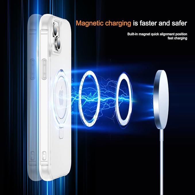 Magnetic Compatible with iPhone 14 Case with Stand [Military Grade Drop Tested][Compatible with Magnet] Ring Translucent Slim Hard Back Soft Edge, Frost White